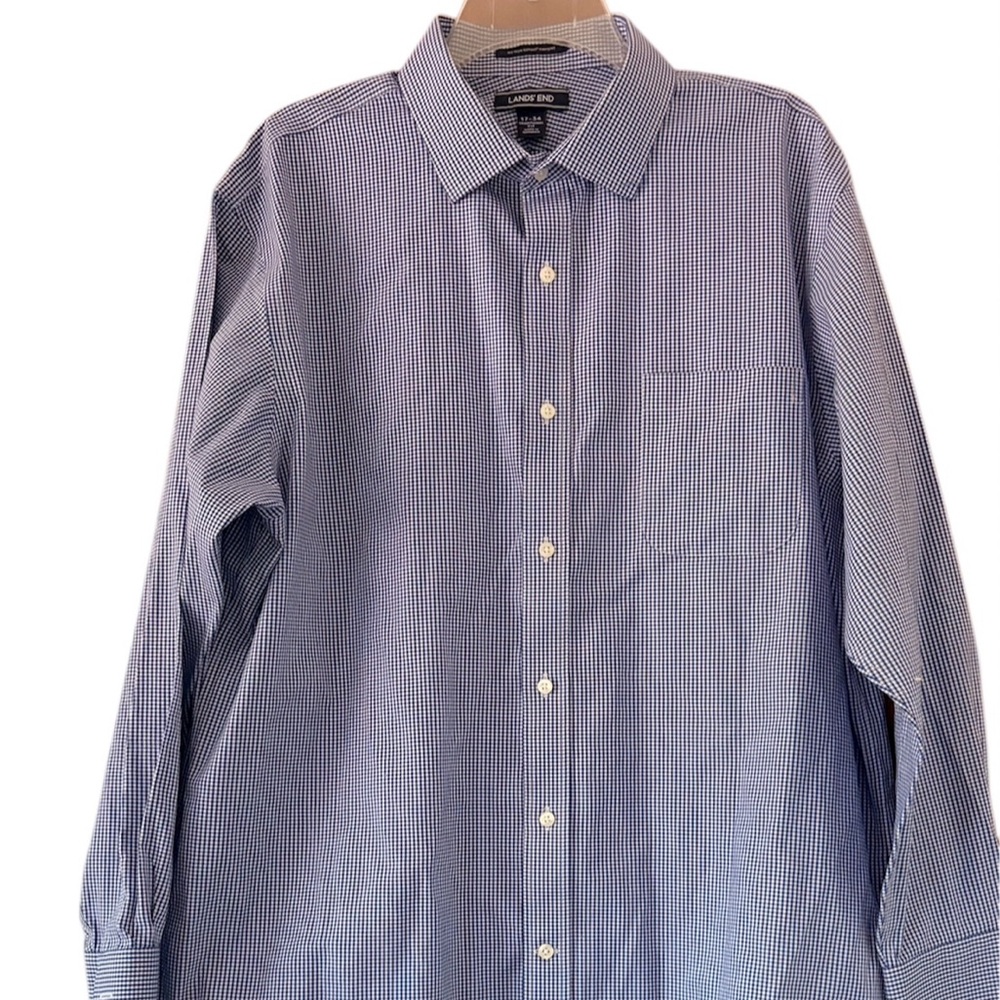 Lands End Men’s Suprima Pinpoint 17-34 Blue Traditional Fit Button Down Shirt